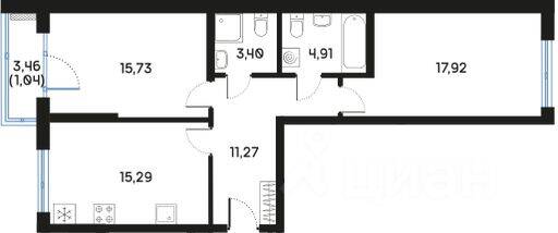 2-комн. квартира, 69,82 м², в ЖК Регенбоген