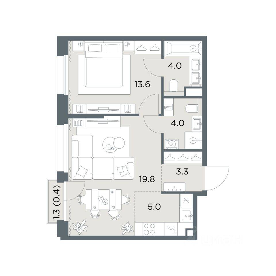 Планировка 2 комнатной квартиры, 50.1 м², в «Станиславский»