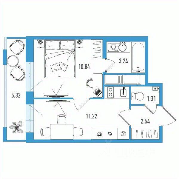 Планировка 1 комнатной квартиры, 30.75 м², в «Искра Сити»