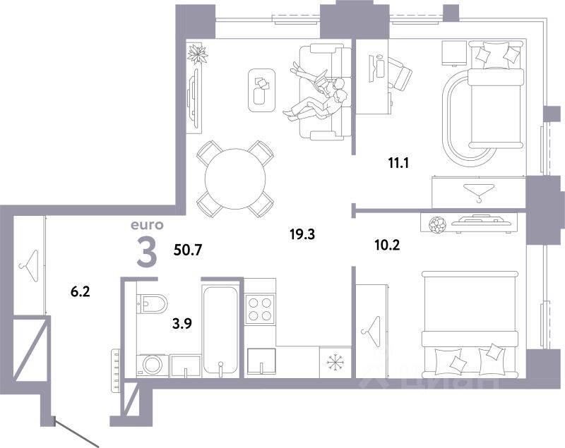 3-комн. квартира, 50,7 м², в ЖК Страна.Заречная
