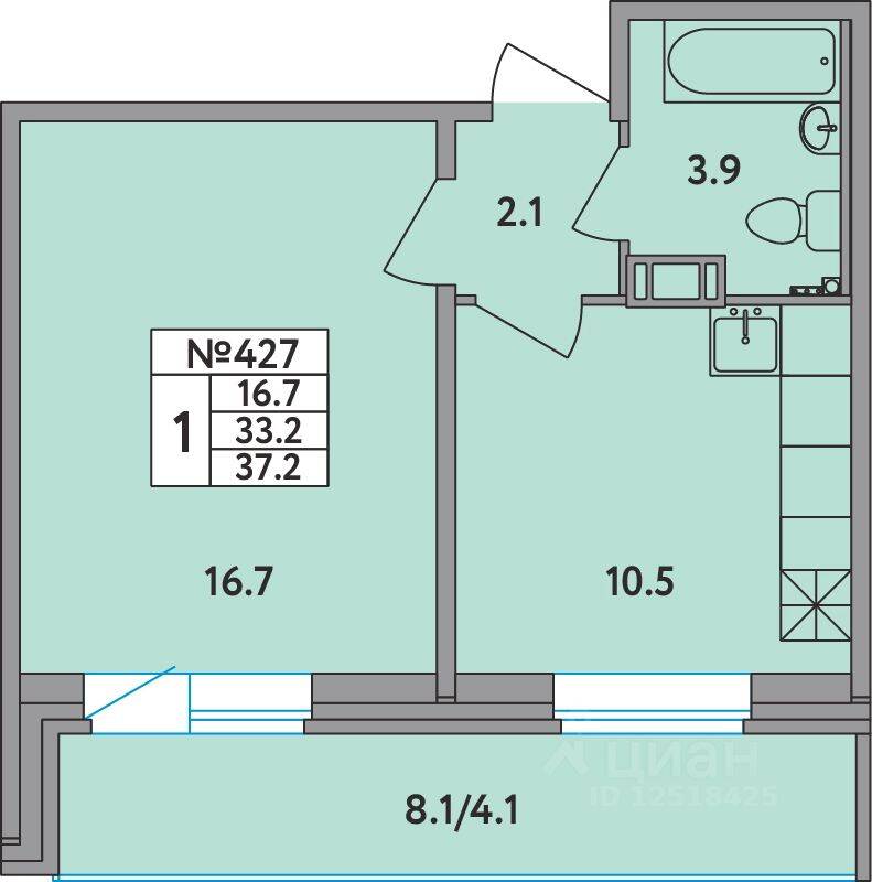 1-комн. квартира, 37,3 м², в ЖК Удача