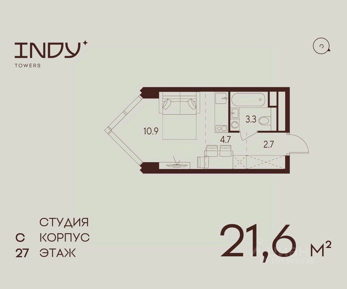 Планировка 1 комнатной квартиры, 21.6 м², в «Indy Towers»