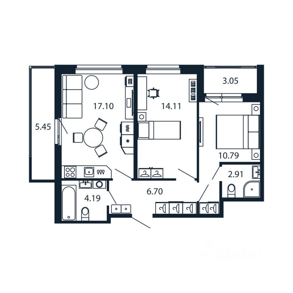 2-комн. квартира, 58,97 м², в ЖК Полис Новоселье