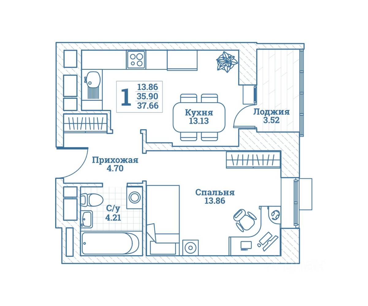 1-комн. квартира, 37,66 м², в ЖК Новоград Монино