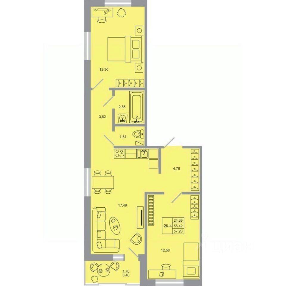 2-комн. квартира, 57,2 м², в ЖК Стороны света-2