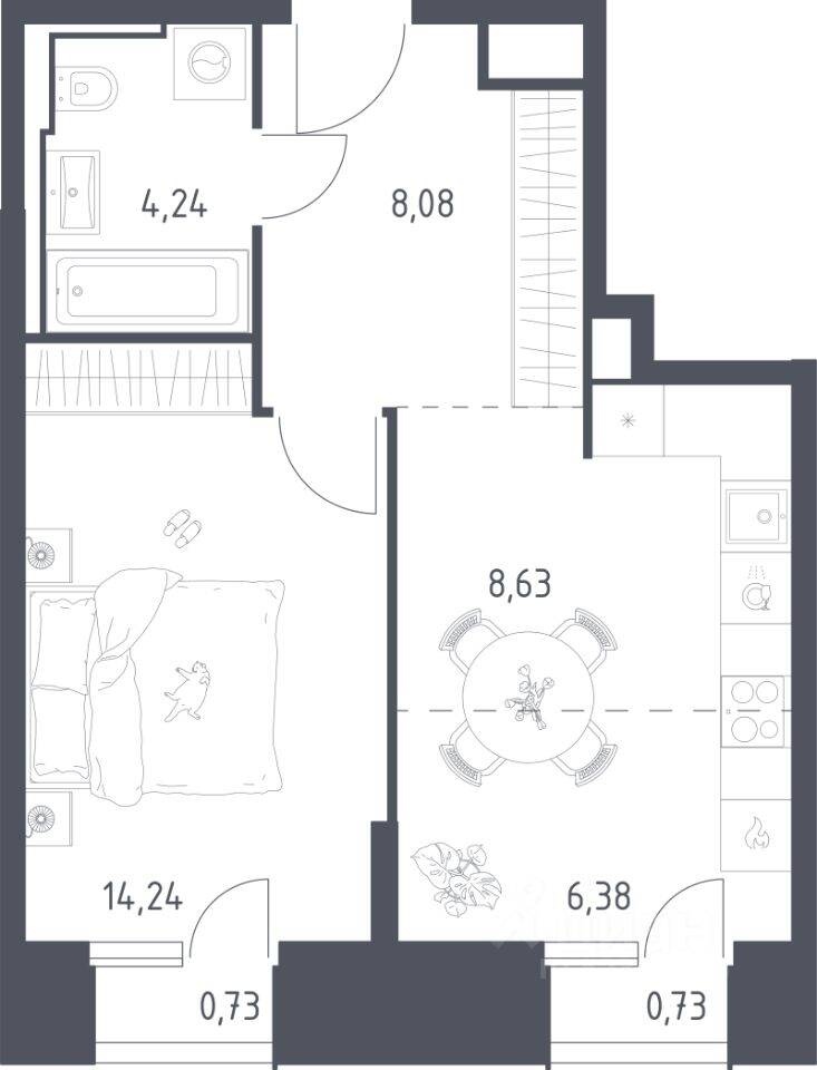 Планировка 1 комнатной квартиры, 43.03 м², в «Sky Sputnik»