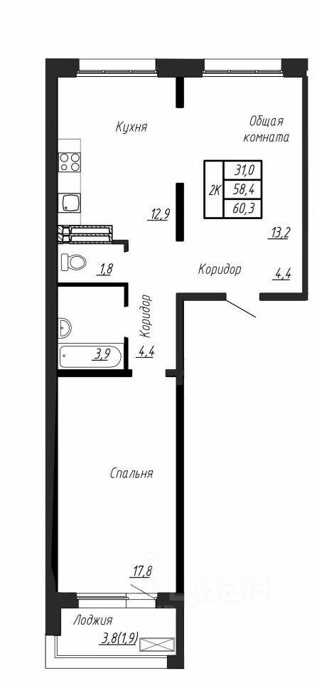 2-комн. квартира, 60,3 м², в ЖК Сибирь