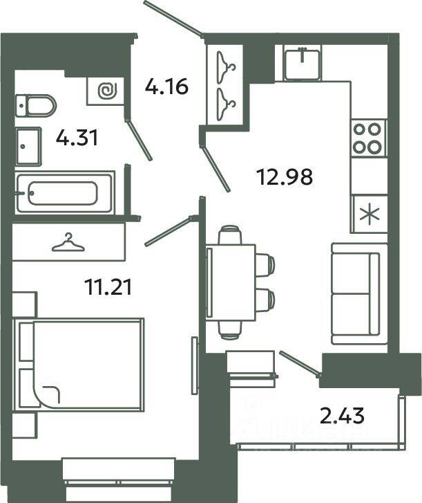 1-комн. квартира, 32,66 м², в ЖК Загляденье