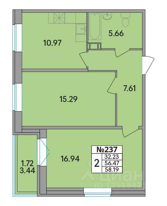 2-комн. квартира, 58,19 м², в ЖК Рождественский квартал