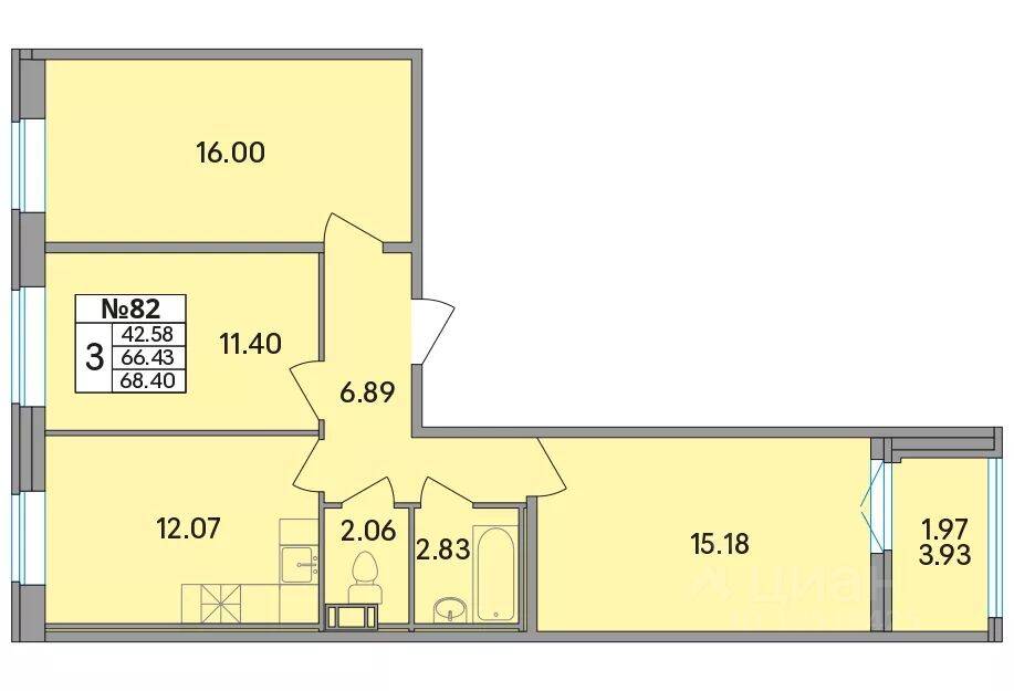 3-комн. квартира, 68,4 м², в ЖК Рождественский квартал