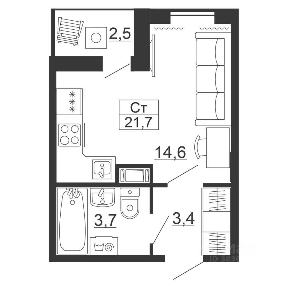 Планировка 1 комнатной квартиры, 21.7 м², в «Рубеж»