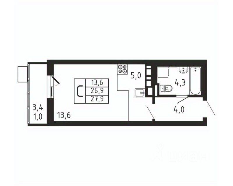 Квартира-студия, 27,9 м², в ЖК «Пироговская Ривьера»