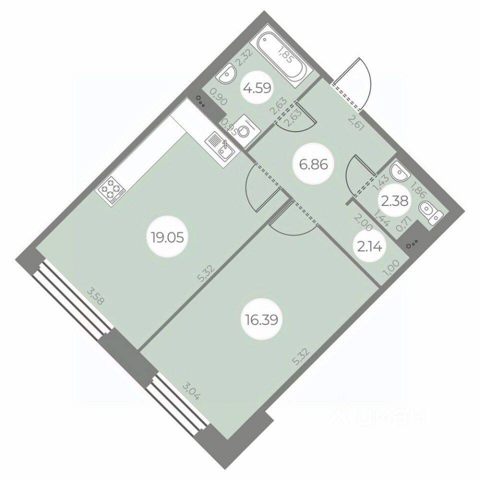 Планировка 1 комнатной квартиры, 51.41 м², в «Огни Залива»