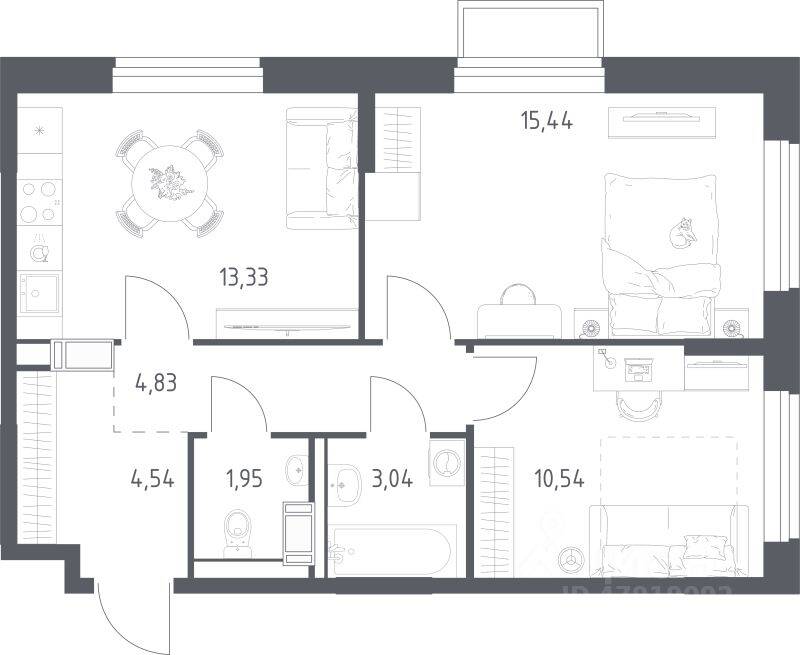 Планировка 2 комнатной квартиры, 53.67 м², в «Томилино Парк»