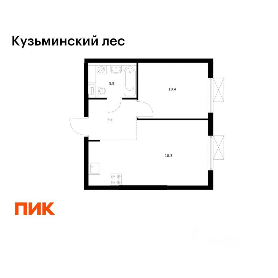 Планировка 1 комнатной квартиры, 37.3 м², в «Кузьминский лес»