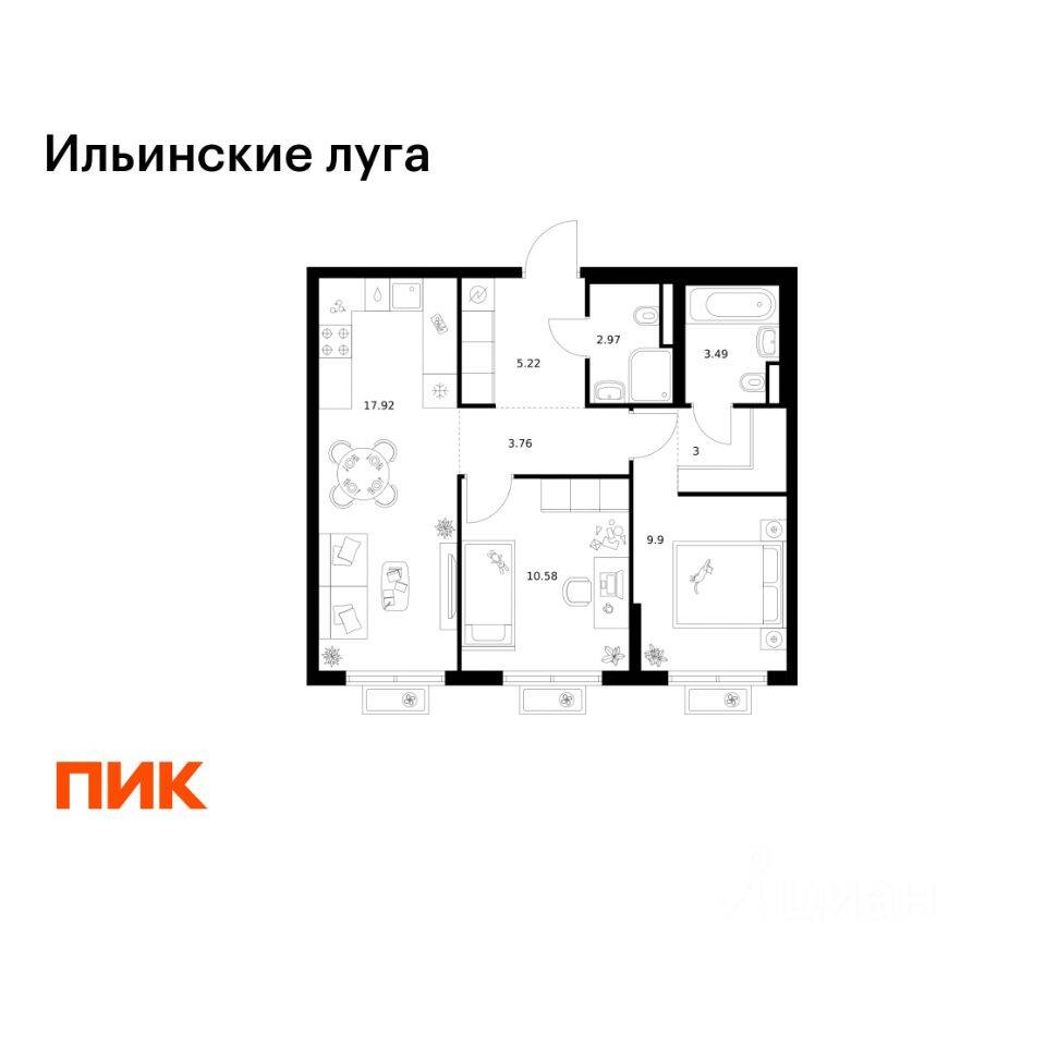 2-комн. квартира, 56,84 м², в ЖК «Ильинские луга»