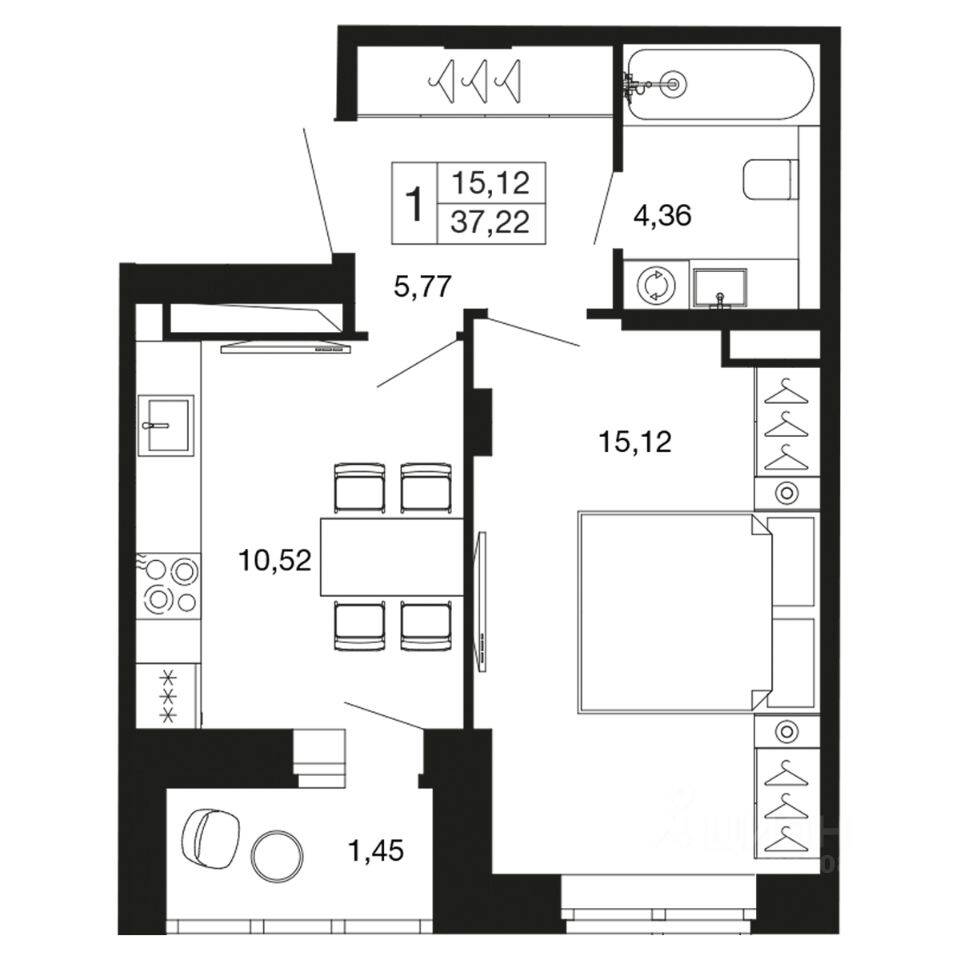 1-комн. квартира, 37,2 м², в ЖК «Времена года»