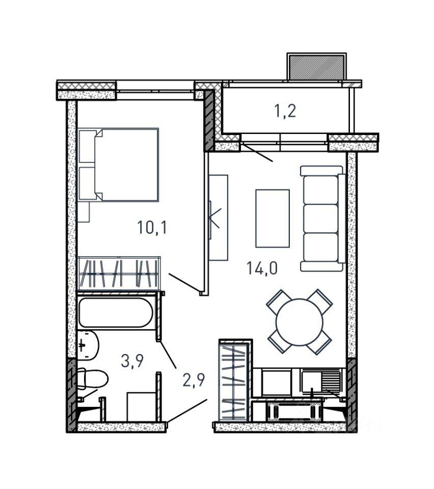 Планировка 1 комнатной квартиры, 32.1 м², в «Квартал Светлый»