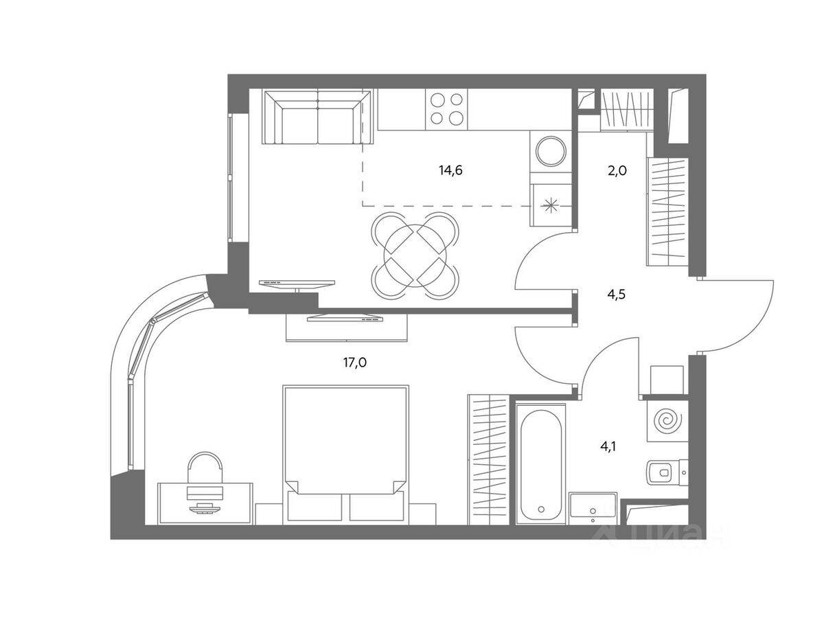 2-комн. квартира, 42,2 м², в ЖК Адмирал