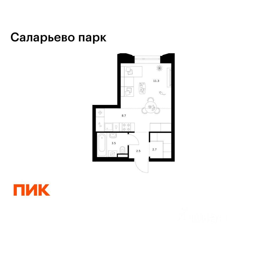 Планировка 1 комнатной квартиры, 28.7 м², в «Саларьево парк»