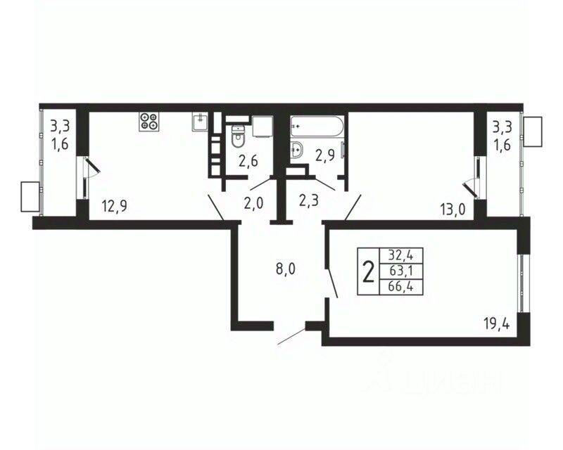 2-комн. квартира, 66,4 м², в ЖК «Пироговская Ривьера»