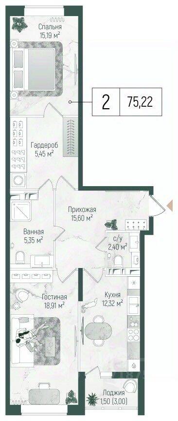 2-комн. квартира, 76,72 м², в ЖК Riga Hills
