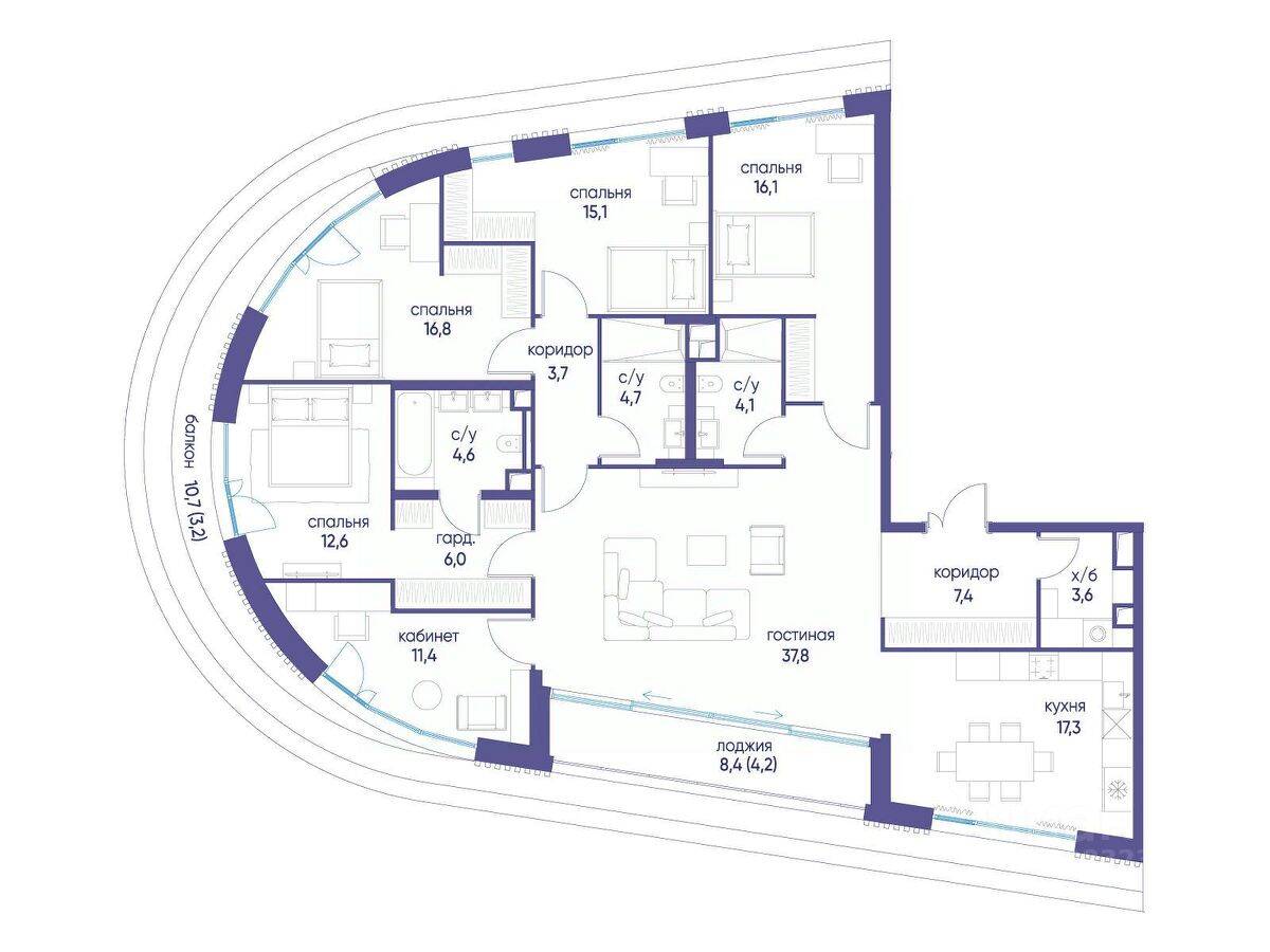 6-комн. квартира, 168,6 м², в ЖК Остров