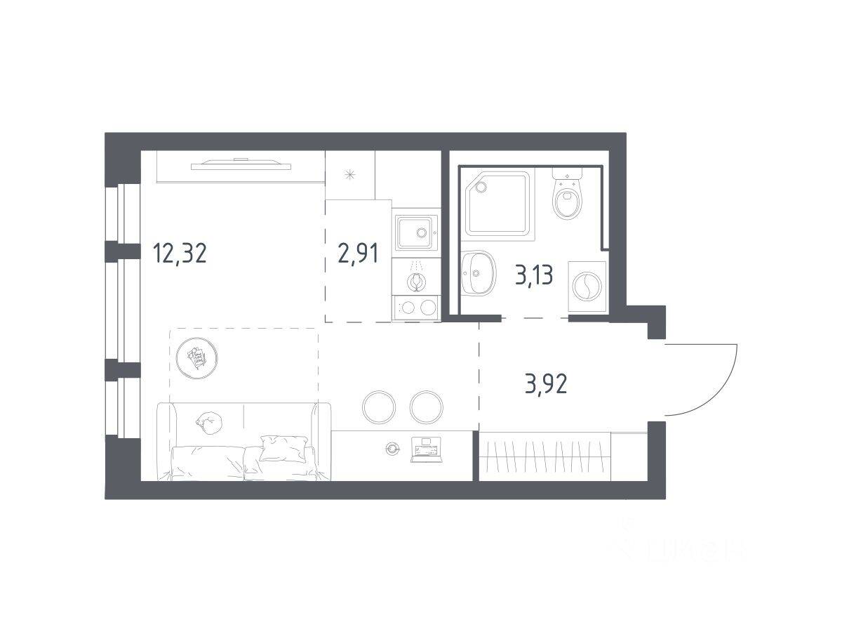 Планировка 1 комнатной квартиры, 22.28 м², в «Квартал Авиаторов»