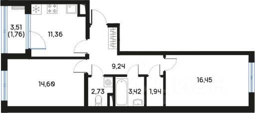 2-комн. квартира, 61,59 м², в ЖК Регенбоген