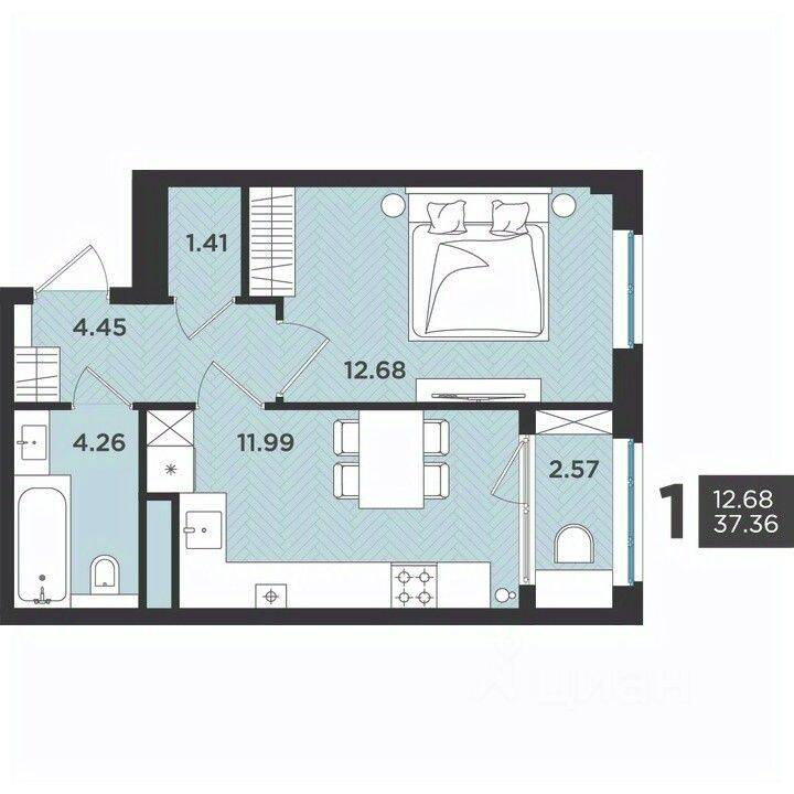 Планировка 1 комнатной квартиры, 37.36 м², в «Новокасимово»