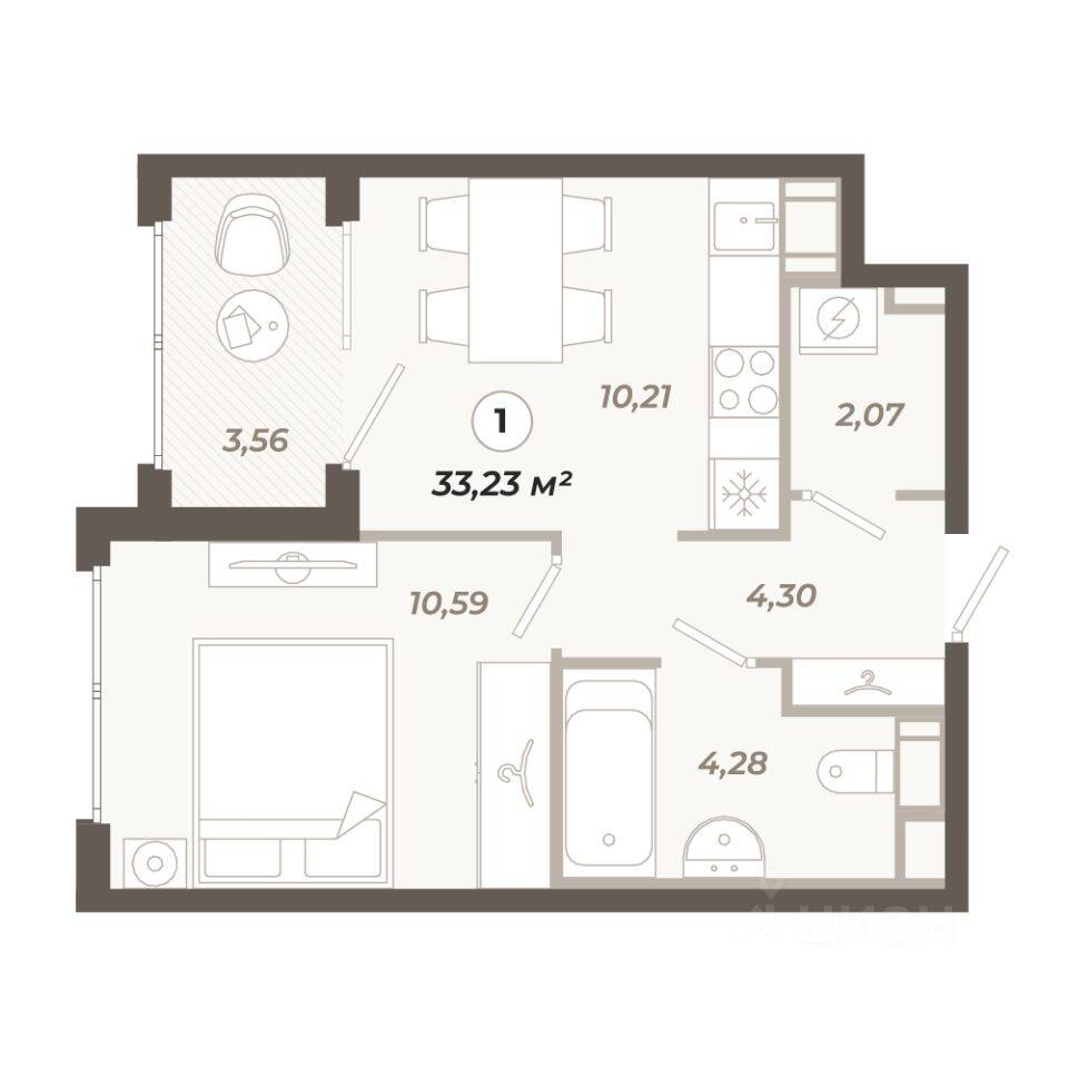 1-комн. квартира, 33,23 м², в ЖК «Знатный»