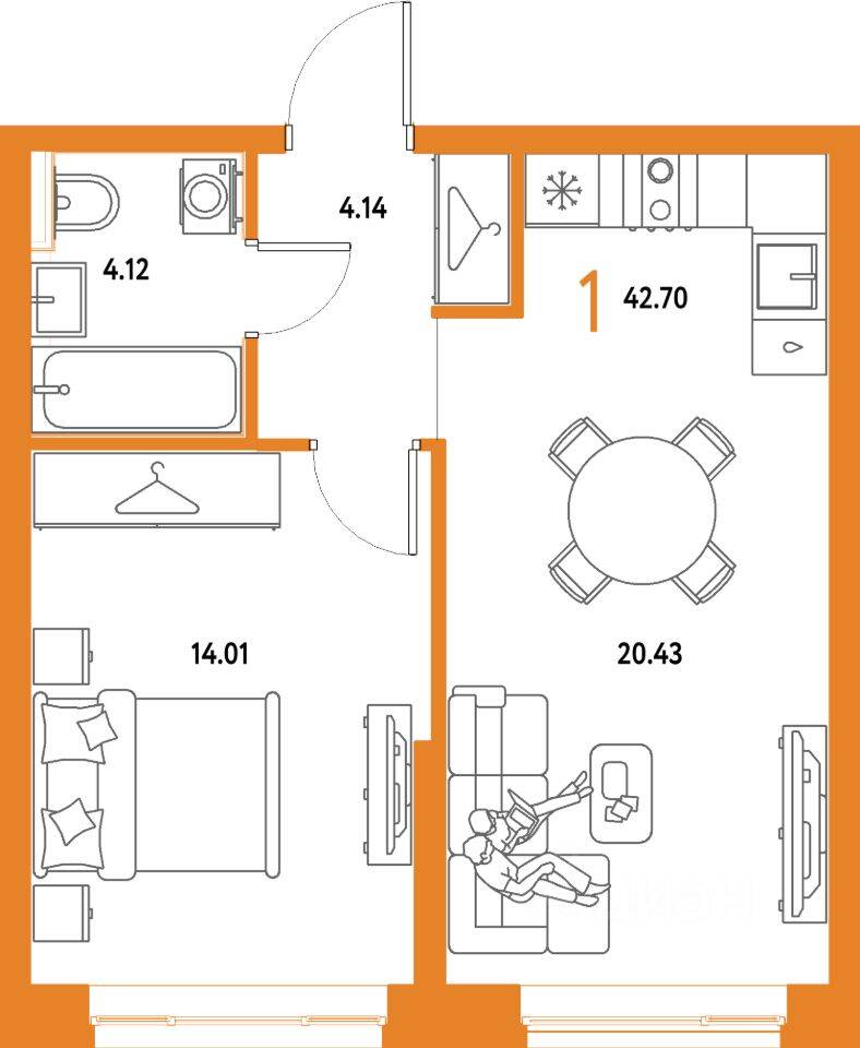 1-комн. квартира, 42,7 м², в ЖК Страна.Парковая