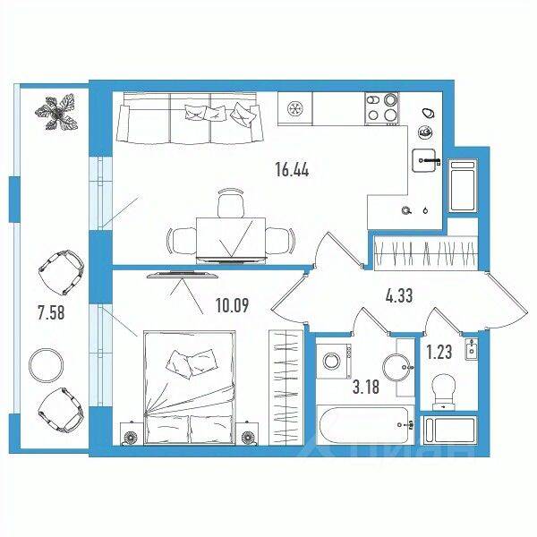 Планировка 1 комнатной квартиры, 37.54 м², в «Искра Сити»