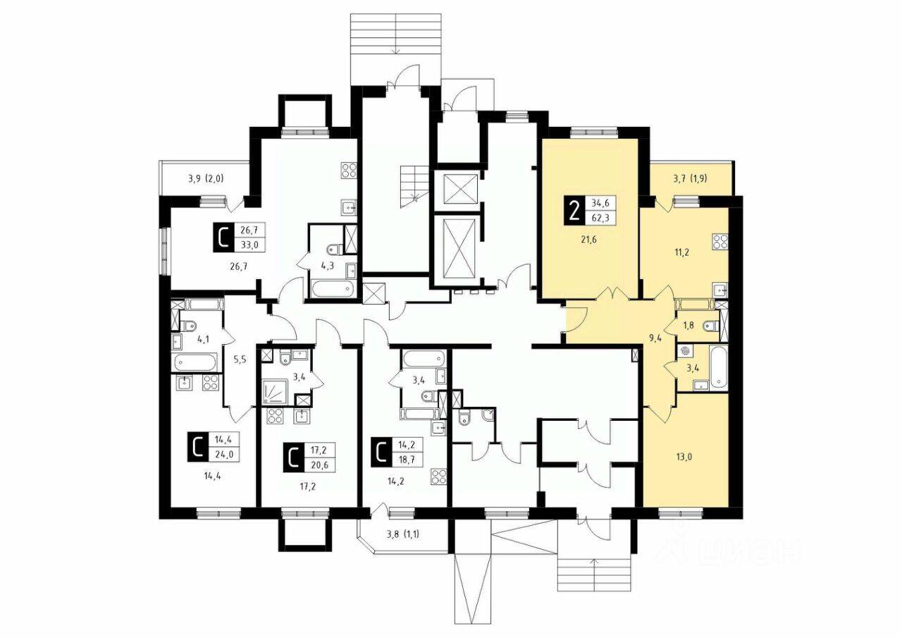 2-комн. квартира, 62,3 м², в ЖК Школьный (Климовск)