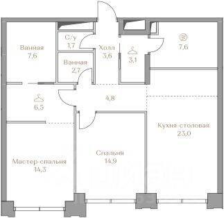 2-комн. квартира, 89,8 м², в ЖК Коллекция Лужники