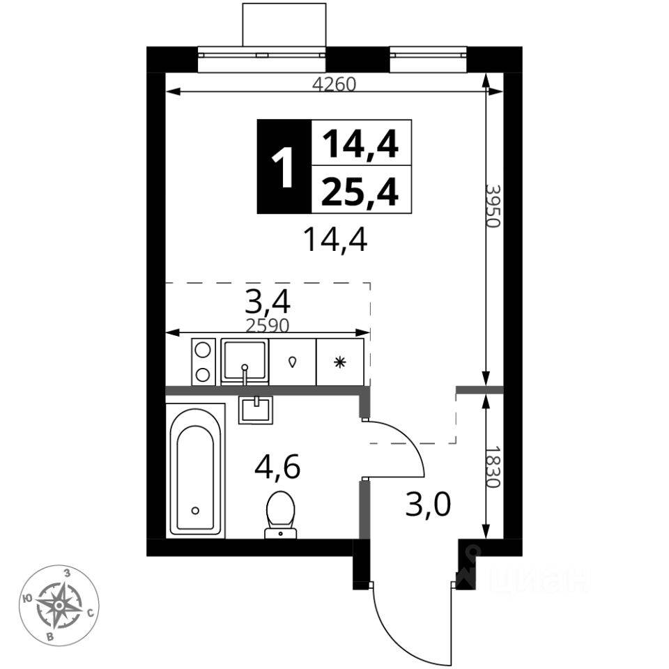 Квартира-студия, 25,4 м², в ЖК 1-й Ясеневский