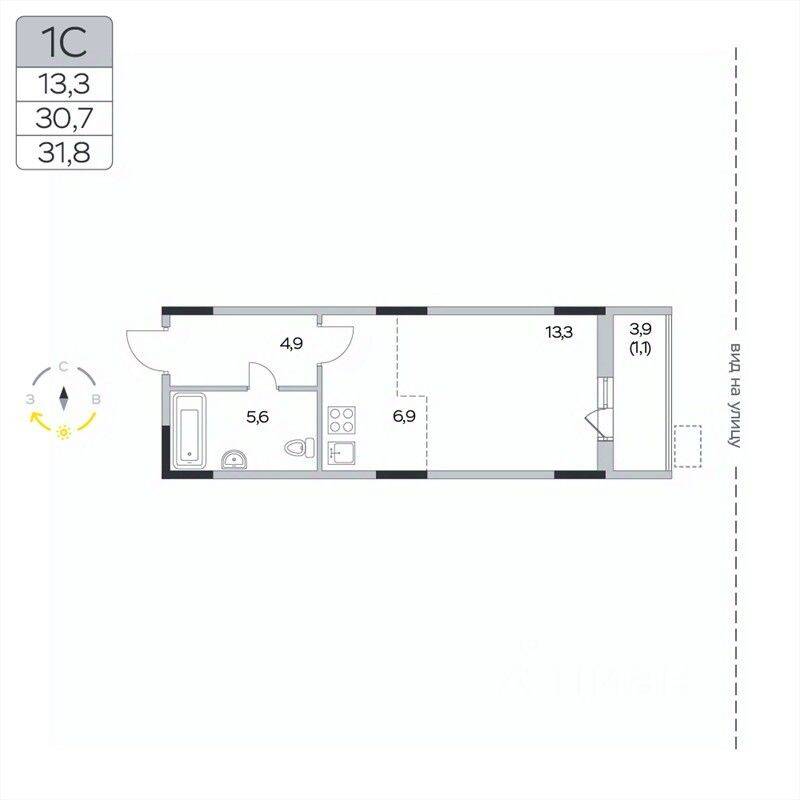Квартира-студия, 31,8 м², в ЖК «Пироговская Ривьера»