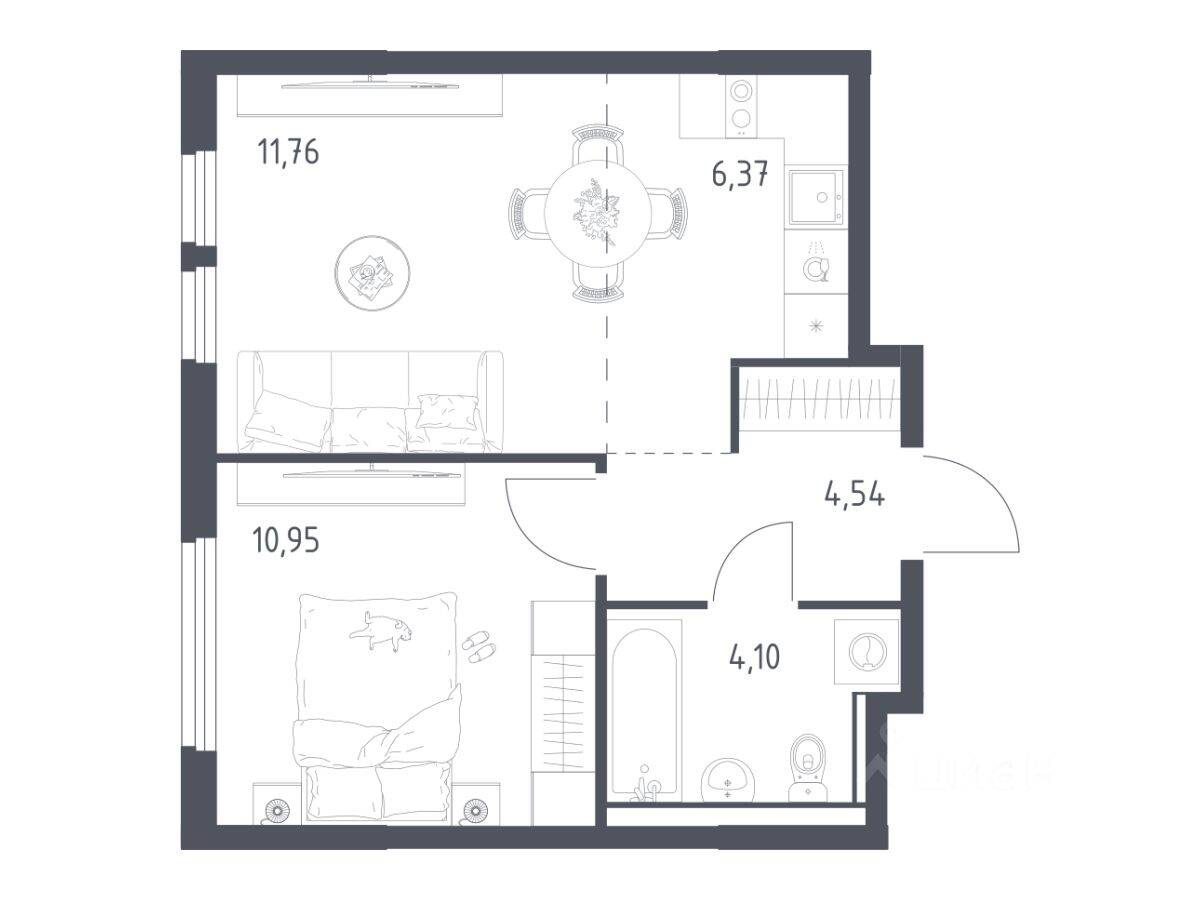 1-комн. квартира, 37,72 м², в ЖК «Пригород Лесное»