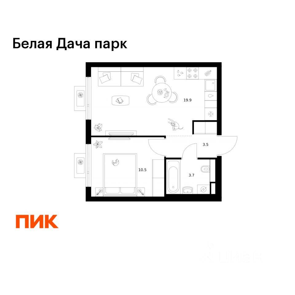 1-комн. квартира, 37,6 м², в ЖК «Белая Дача парк»