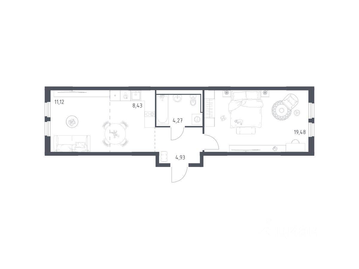 1-комн. квартира, 48,23 м², в ЖК «Пригород Лесное»