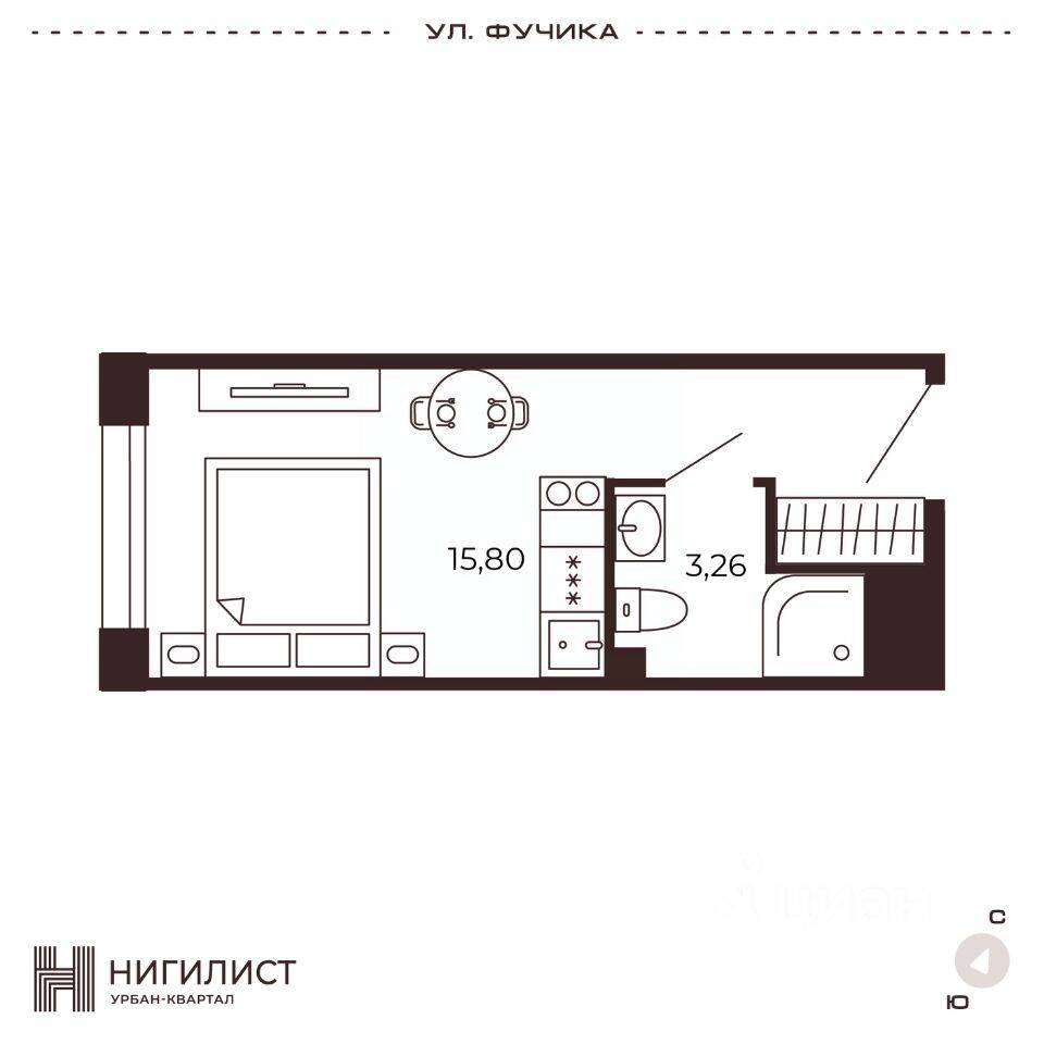 Планировка 1 комнатной квартиры, 19.09 м², в «Нигилист (Concept)»