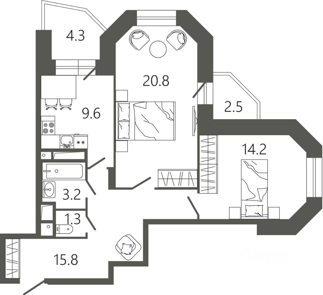 Планировка 2 комнатной квартиры, 68.3 м², в «Советская 18»