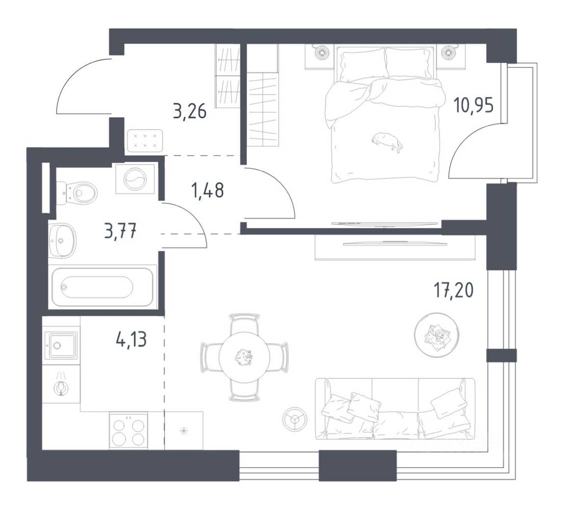 1-комн. квартира, 40,79 м², в ЖК Квартал Авиаторов