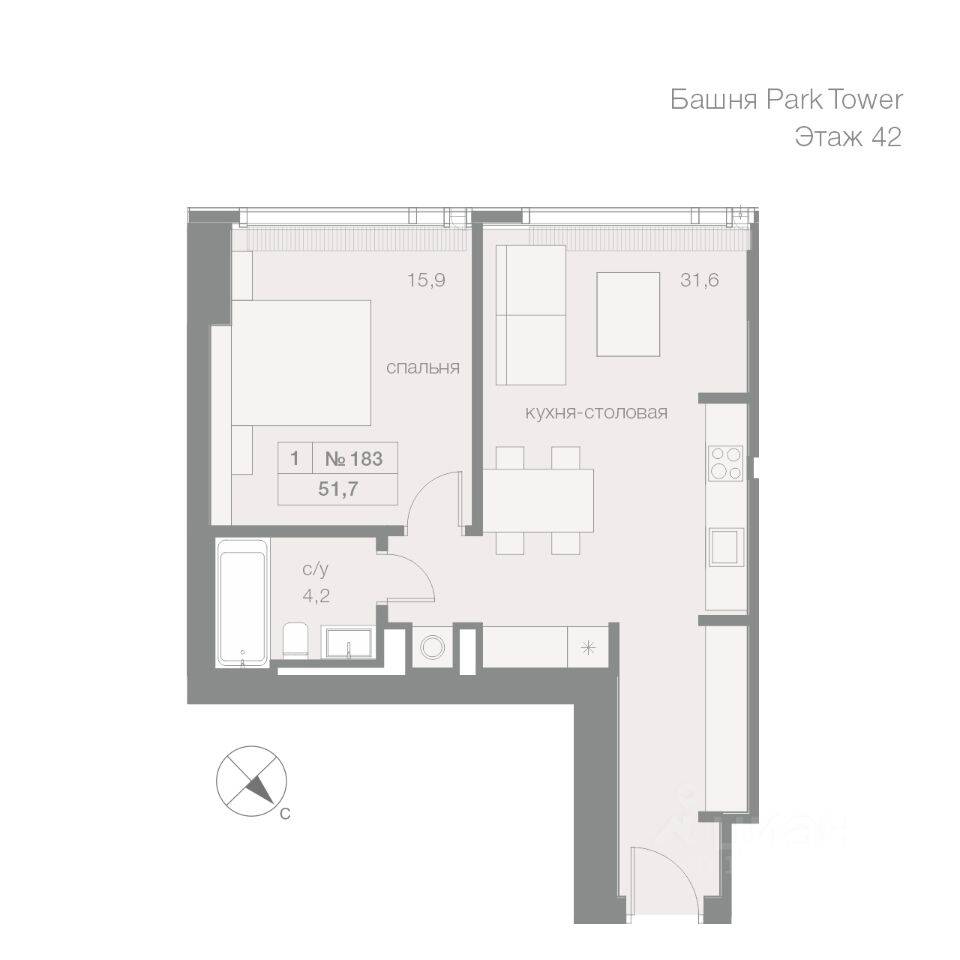 1-комн. квартира, 51,7 м², в ЖК Capital Towers