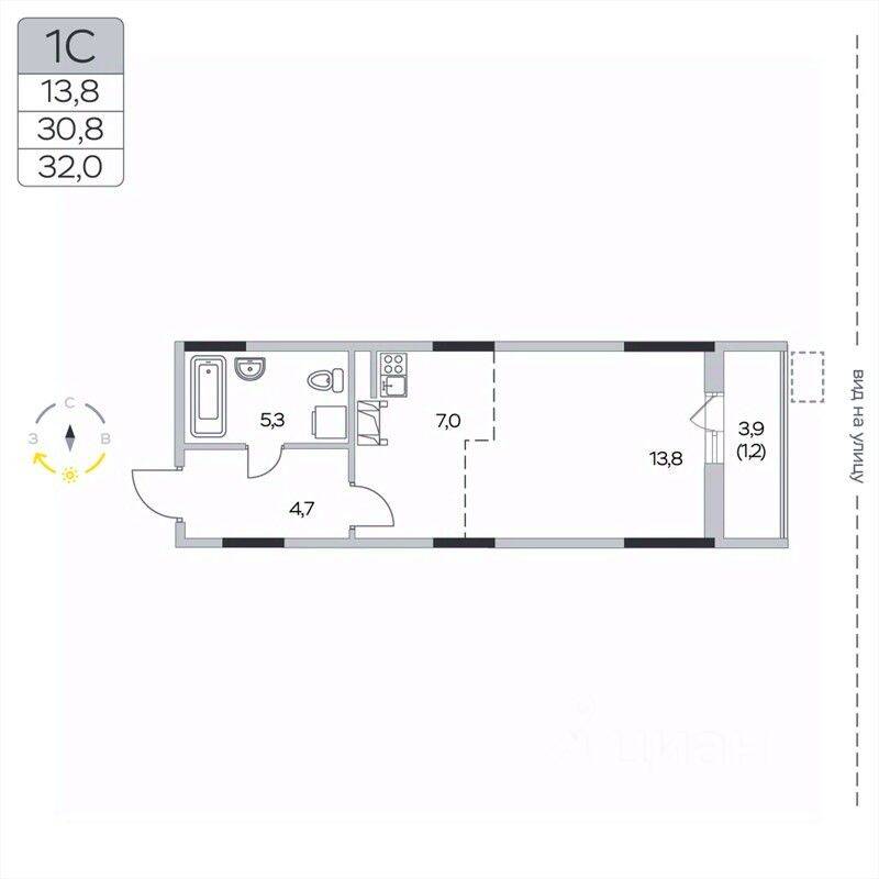 Квартира-студия, 32 м², в ЖК «Пироговская Ривьера»