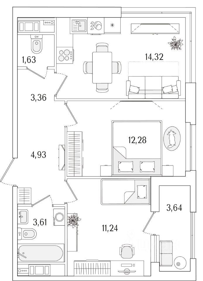 2-комн. квартира, 53,19 м², в ЖК «Гранат»