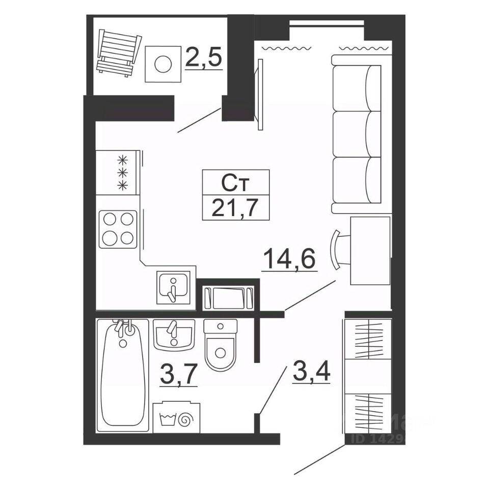 Планировка 1 комнатной квартиры, 21.7 м², в «Рубеж»