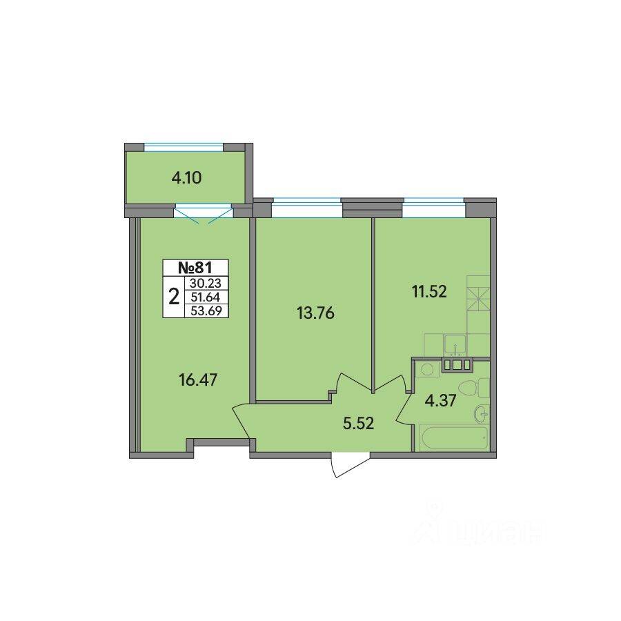 2-комн. квартира, 53,69 м², в ЖК Рождественский квартал