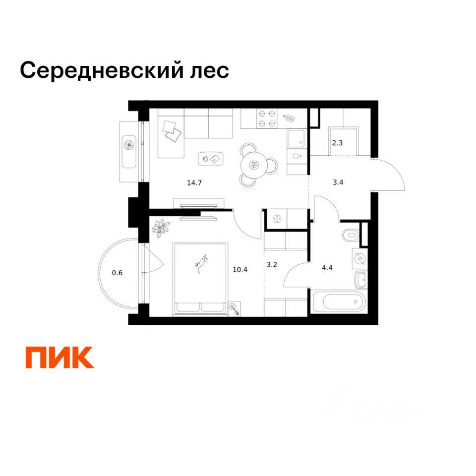 1-комн. квартира, 39 м², в ЖК Середневский лес