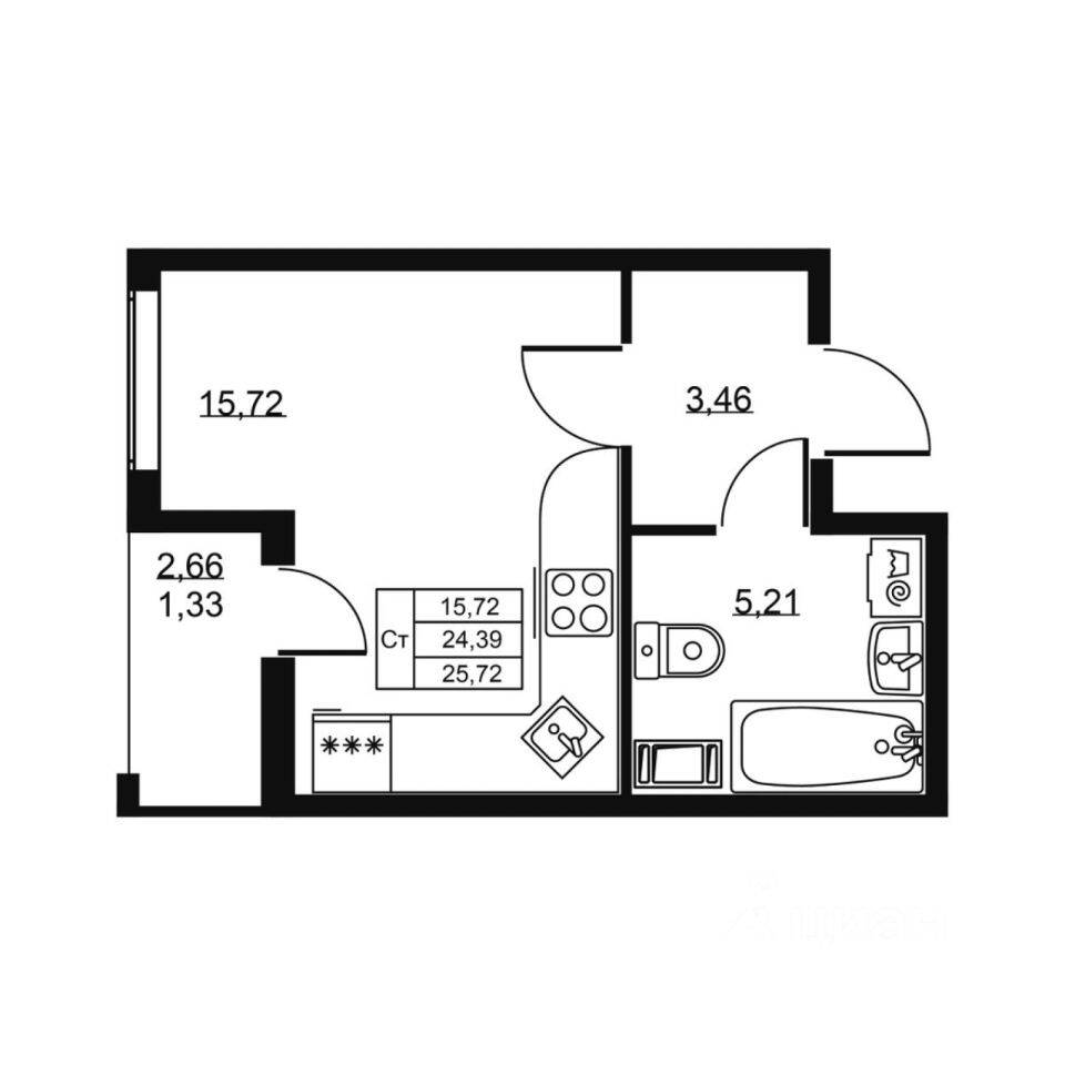 Квартира-студия, 25,72 м², в ЖК «Высота» (Бугры)